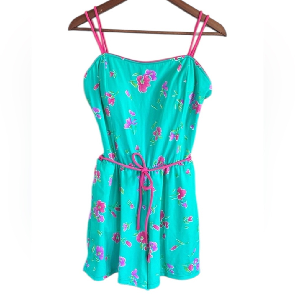Vintage Sea Waves Floral Swim Romper Playsuit Turquoise Pink Size 14 NWT